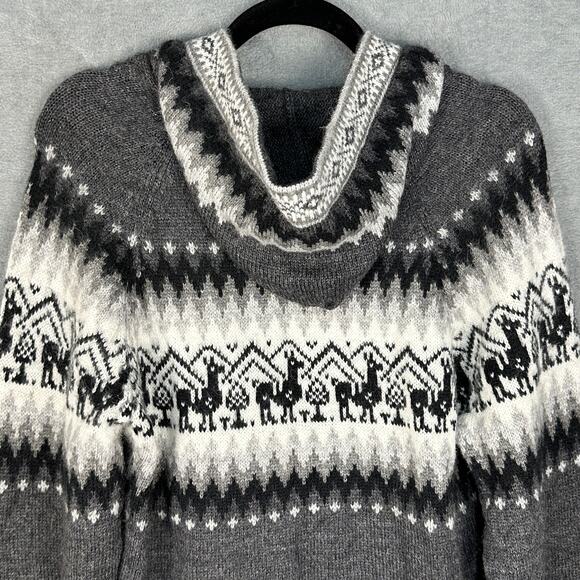 Alpaca Fina Sweater Womens Small Gray Fair Isle Hooded Natural Peru Artisan Boho - Picture 5 of 12